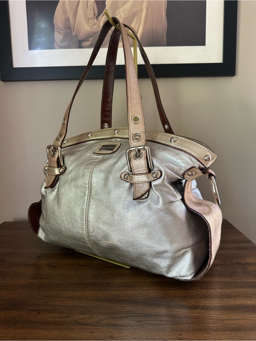 Dolce & Gabbana Silver + Gold Leather Shoulder Bag